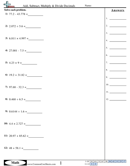 6.ns.3 Worksheets - Add, Subtract, Multiply & Divide Decimals worksheet